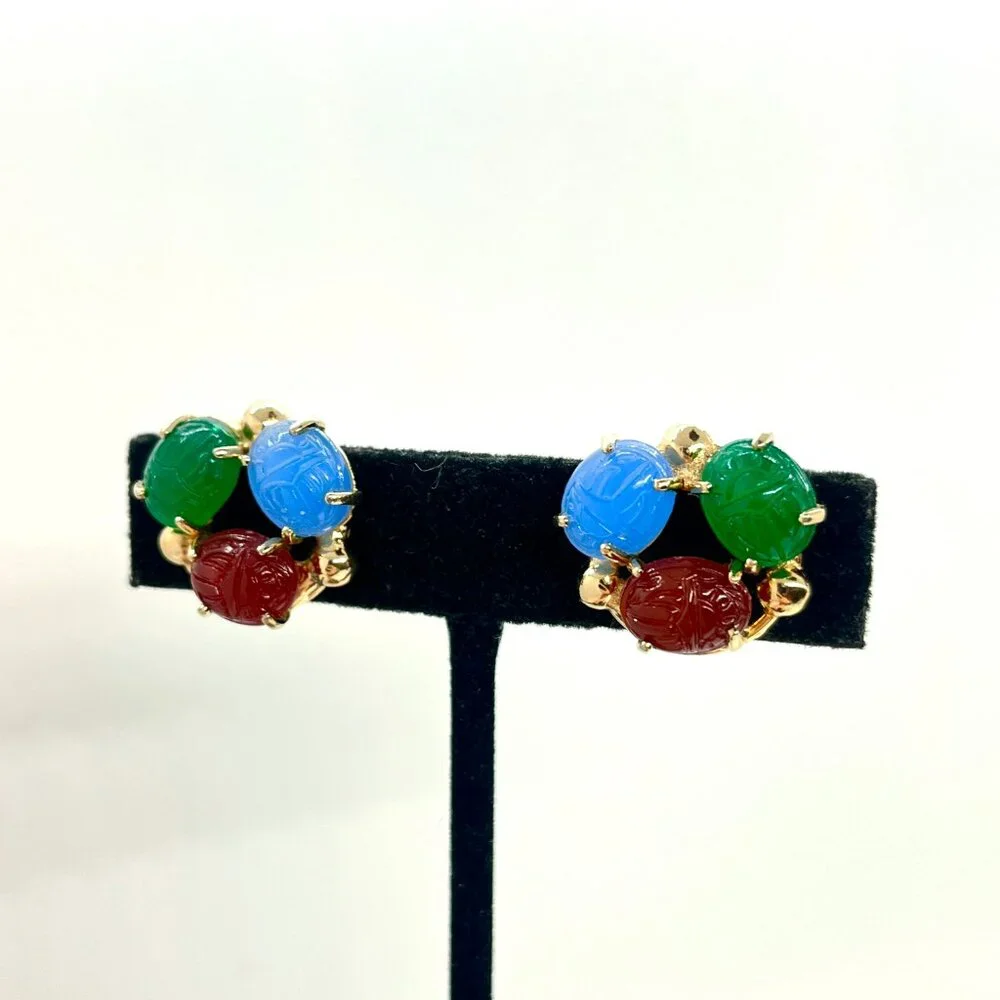 Vintage GLASS SCARAB Earrings Egyptian Revival Gold Tone Screwback - Picture 4 of 13